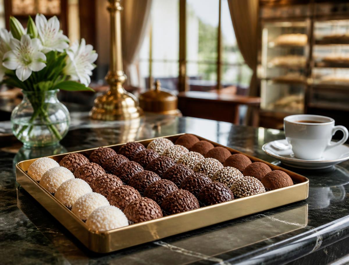 Brigadeiros servidos junto a un café de especialidad en una cafetería