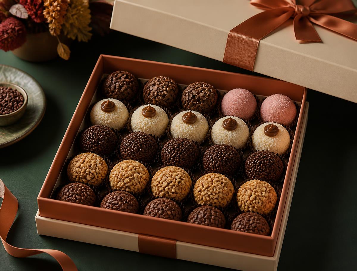 Caja abierta de brigadeiros surtidos con lazo de raso